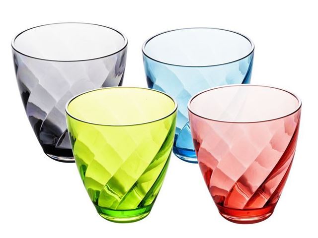 Saft & Vandglas BURANO, består af 4 stk., glas blå/limegrøn/grå/røde 300ml. fra Camp 4 Outdoor Fascination