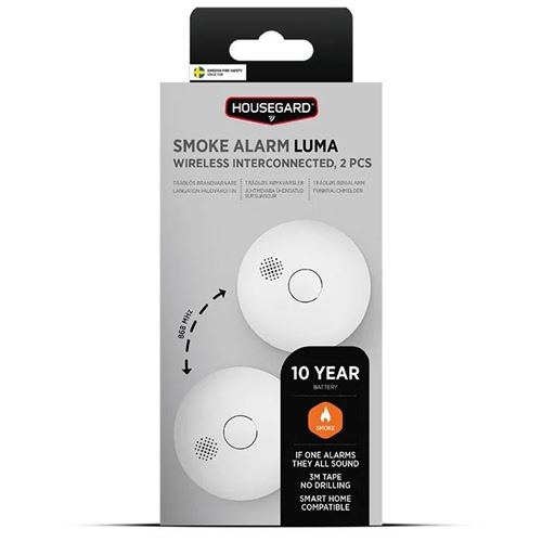 Housegard Luma Hub seriekoblet røgalarm, inkl. 10-årsbatteri, 2-pak.