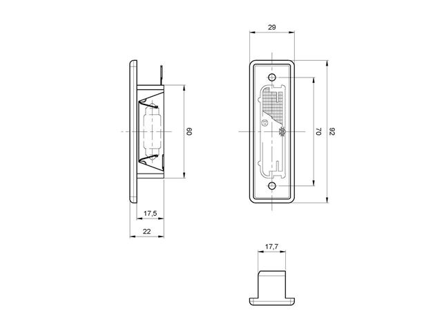 Nummerpladelygte Jokon. Til indbygning. Mål 29 x 92 mm. 