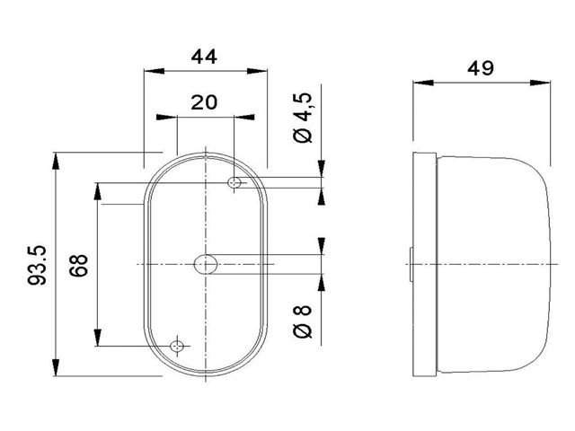 Sidemarkeringslygte Jokon hvid/rød. Mål 44x94 mm. 