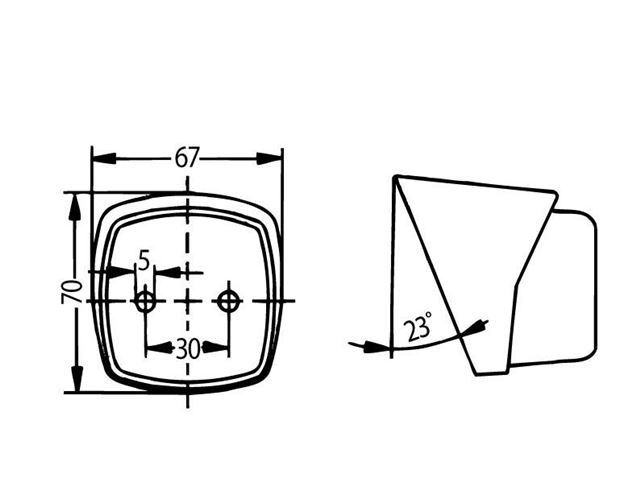 Frontlygte Hella Mål 67x70 mm. 23 graders sort underlag. 