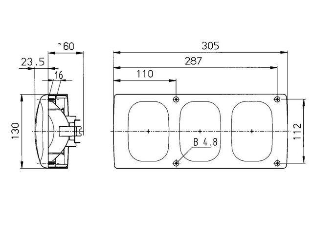 Baglygte Jokon H. & V. 305X130 mm. Med baklys.