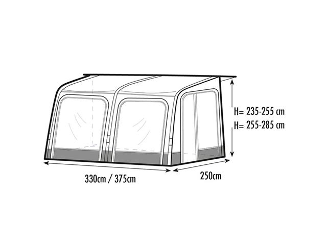 Vega 375 lufttelt. Monteringshøjde: 240-255 cm.