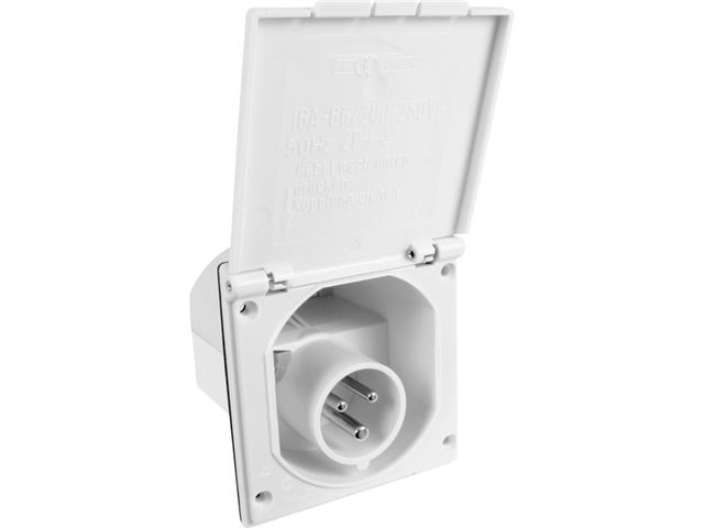 230 V indbygningsstikdåse med vippelåg, hvid